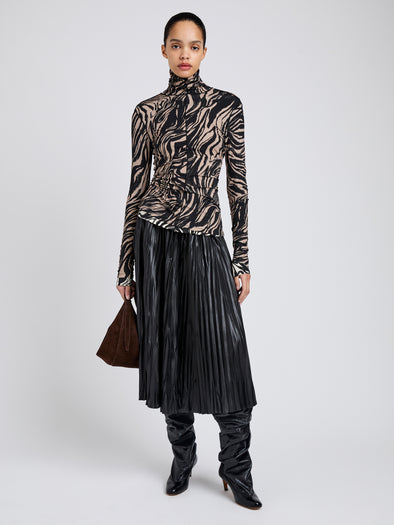 Proenza Schouler Front full length image of model wearing Audrey Top in Marble Jersey in Fawn Multi