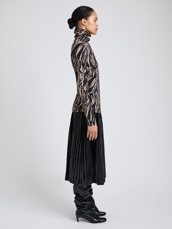 Proenza Schouler Side full length image of model wearing Audrey Top in Marble Jersey in Fawn Multi