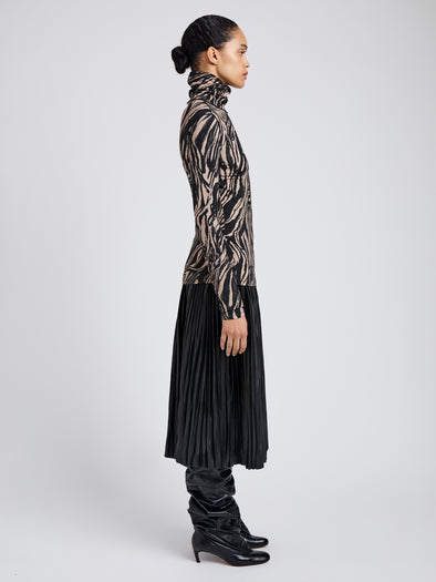Proenza Schouler Side full length image of model wearing Audrey Top in Marble Jersey in Fawn Multi