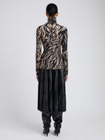 Proenza Schouler Back full length image of model wearing Audrey Top in Marble Jersey in Fawn Multi