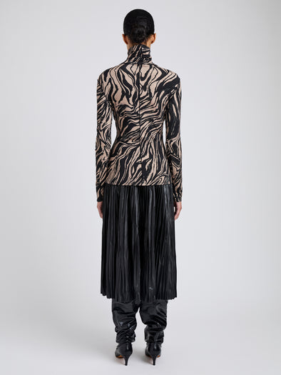 Proenza Schouler Back full length image of model wearing Audrey Top in Marble Jersey in Fawn Multi