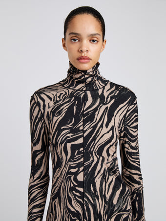 Proenza Schouler Detail image of model wearing Audrey Top in Marble Jersey in Fawn Multi