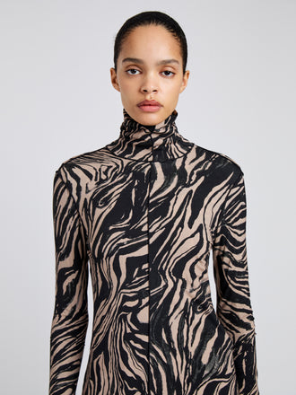 Proenza Schouler Detail image of model wearing Audrey Top in Marble Jersey in Fawn Multi