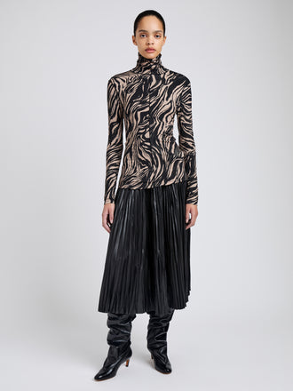 Proenza Schouler Front full length image of model wearing Audrey Top in Marble Jersey in Fawn Multi