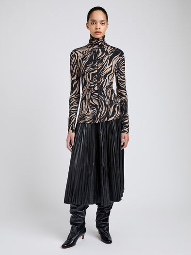 Proenza Schouler Front full length image of model wearing Audrey Top in Marble Jersey in Fawn Multi