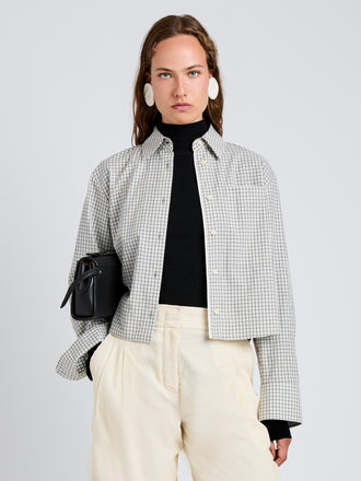 Proenza Schouler Front cropped image of model wearing Olive Shirt in Check Shirting in Grey Multi