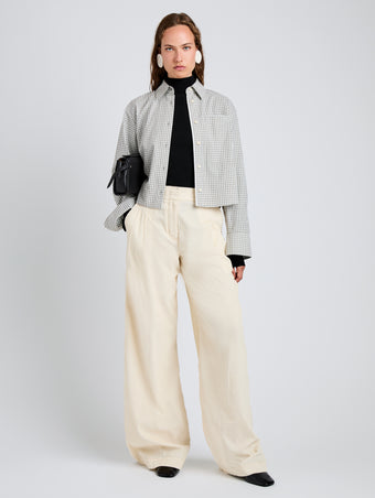 Proenza Schouler Front full length image of model wearing Olive Shirt in Check Shirting in Grey Multi