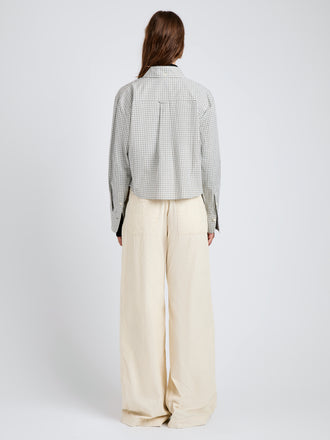 Proenza Schouler Back full length image of model wearing Olive Shirt in Check Shirting in Grey Multi