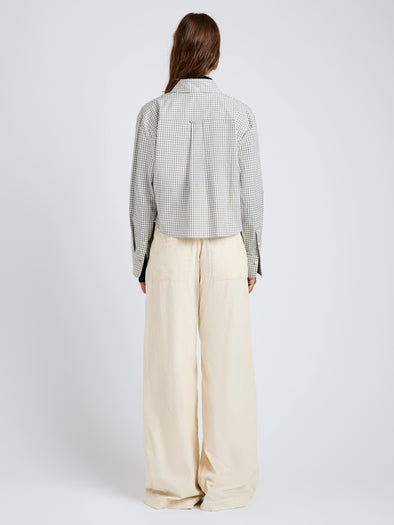 Proenza Schouler Back full length image of model wearing Olive Shirt in Check Shirting in Grey Multi