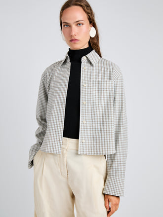 Proenza Schouler Detail image of model wearing Olive Shirt in Check Shirting in Grey Multi