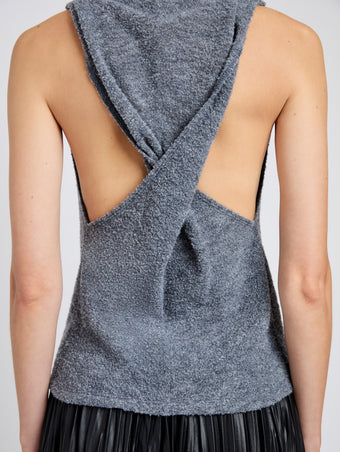 Proenza Schouler Detail image of model wearing Cynthia Top in Wool Jersey in Grey Melange