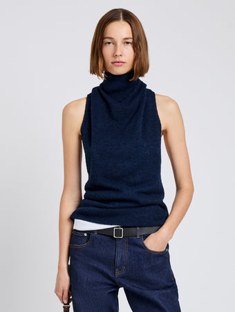 Proenza Schouler Front cropped image of model wearing Cynthia Top in Wool Jersey in Ink Melange