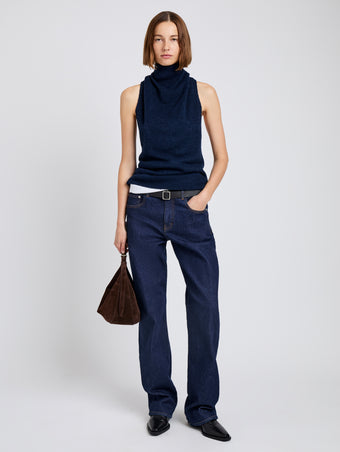 Proenza Schouler Front full length image of model wearing Cynthia Top in Wool Jersey in Ink Melange