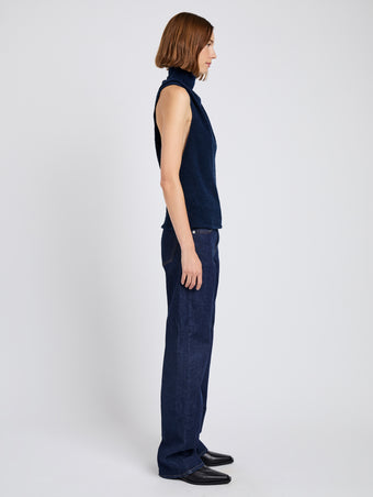 Proenza Schouler Side full length image of model wearing Cynthia Top in Wool Jersey in Ink Melange