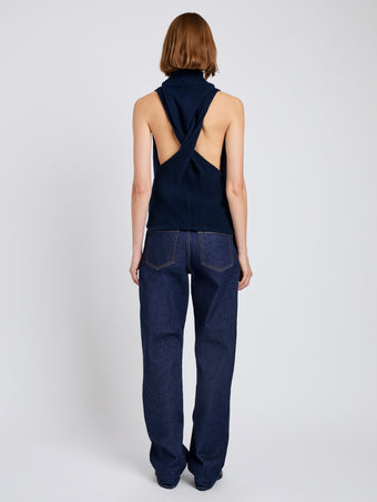 Proenza Schouler Back full length image of model wearing Cynthia Top in Wool Jersey in Ink Melange