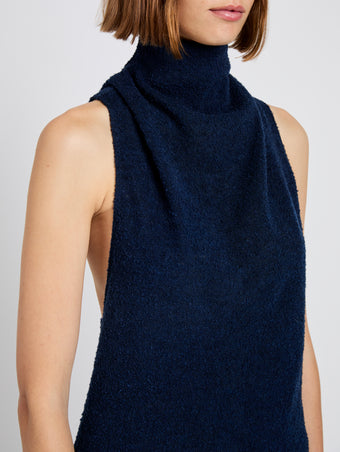 Proenza Schouler Detail image of model wearing Cynthia Top in Wool Jersey in Ink Melange
