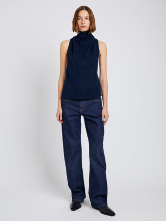 Proenza Schouler Front full length image of model wearing Cynthia Top in Wool Jersey in Ink Melange