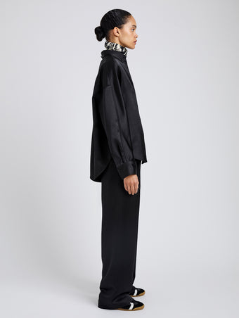 Proenza Schouler Side full length image of model wearing Caroline Shirt in Crinkled Crepe in Black