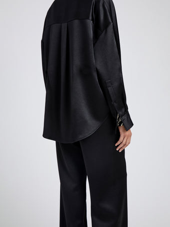 Proenza Schouler Detail image of model wearing Caroline Shirt in Crinkled Crepe in Black