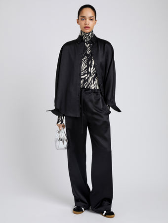 Proenza Schouler Front full length image of model wearing Caroline Shirt in Crinkled Crepe in Black