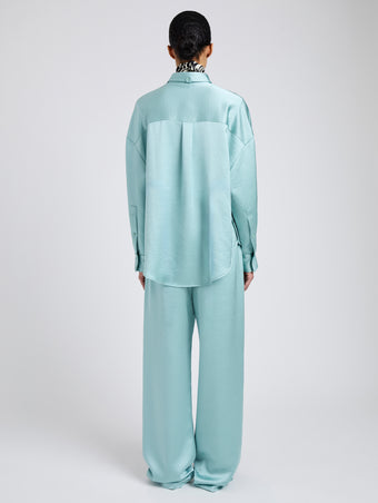 Proenza Schouler Back full length image of model wearing Caroline Shirt in Crinkled Crepe in Sea Glass