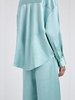 Proenza Schouler Detail image of model wearing Caroline Shirt in Crinkled Crepe in Sea Glass