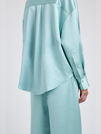 Proenza Schouler Detail image of model wearing Caroline Shirt in Crinkled Crepe in Sea Glass