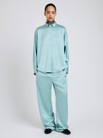 Proenza Schouler Front full length image of model wearing Caroline Shirt in Crinkled Crepe in Sea Glass