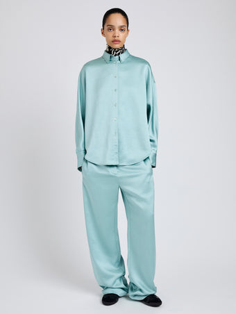 Proenza Schouler Front full length image of model wearing Caroline Shirt in Crinkled Crepe in Sea Glass