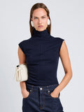 Proenza Schouler Front cropped image of model wearing Zane Top in Brushed Rib in Navy