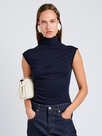 Proenza Schouler Front cropped image of model wearing Zane Top in Brushed Rib in Navy