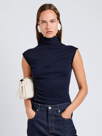 Proenza Schouler Front cropped image of model wearing Zane Top in Brushed Rib in Navy