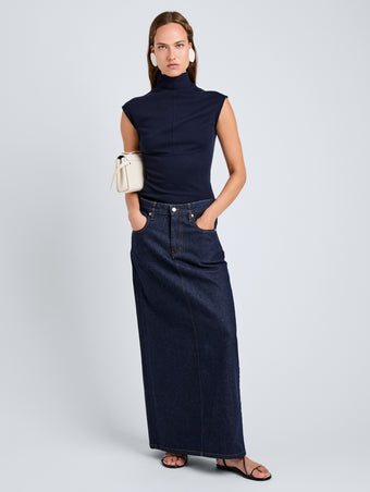 Proenza Schouler Front full length image of model wearing Zane Top in Brushed Rib in Navy