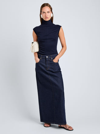 Proenza Schouler Front full length image of model wearing Zane Top in Brushed Rib in Navy