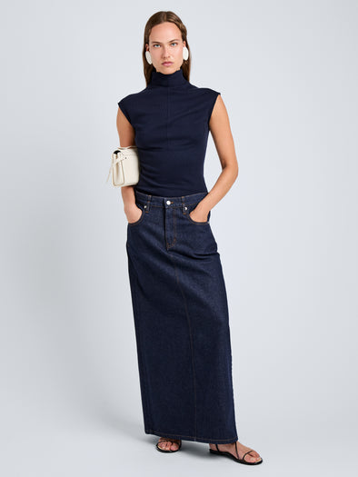 Proenza Schouler Front full length image of model wearing Zane Top in Brushed Rib in Navy