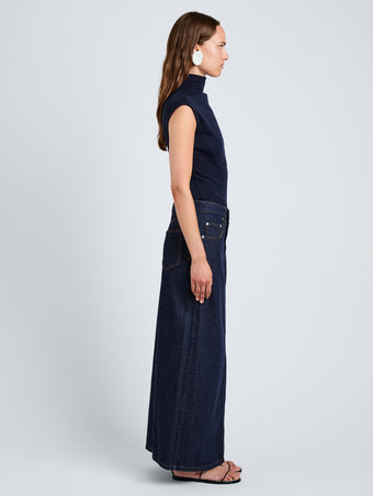Proenza Schouler Side full length image of model wearing Zane Top in Brushed Rib in Navy