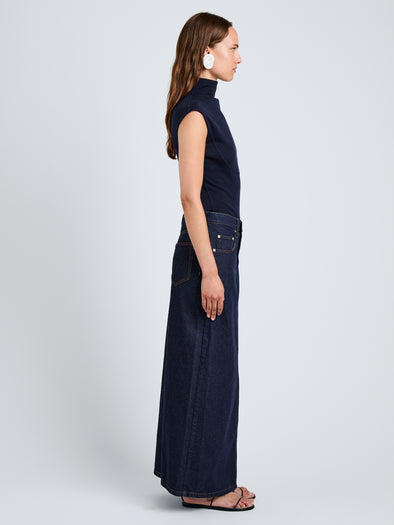 Proenza Schouler Side full length image of model wearing Zane Top in Brushed Rib in Navy