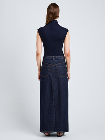 Proenza Schouler Back full length image of model wearing Zane Top in Brushed Rib in Navy