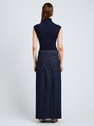 Proenza Schouler Back full length image of model wearing Zane Top in Brushed Rib in Navy