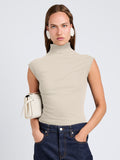 Proenza Schouler Front cropped image of model wearing Zane Top in Brushed Rib in Oat Melange