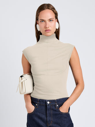 Proenza Schouler Front cropped image of model wearing Zane Top in Brushed Rib in Oat Melange