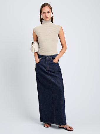 Proenza Schouler Front full length image of model wearing Zane Top in Brushed Rib in Oat Melange