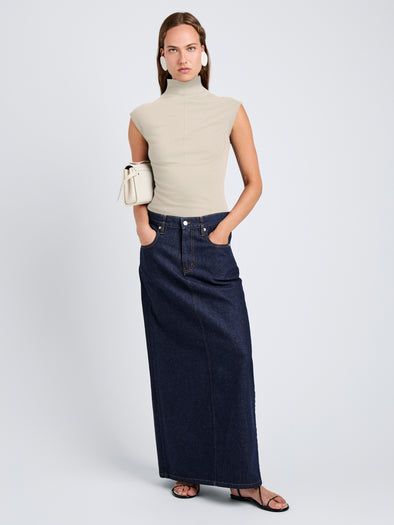 Proenza Schouler Front full length image of model wearing Zane Top in Brushed Rib in Oat Melange