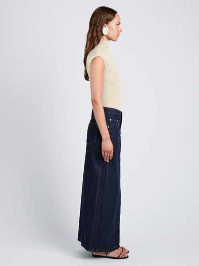 Proenza Schouler Side full length image of model wearing Zane Top in Brushed Rib in Oat Melange
