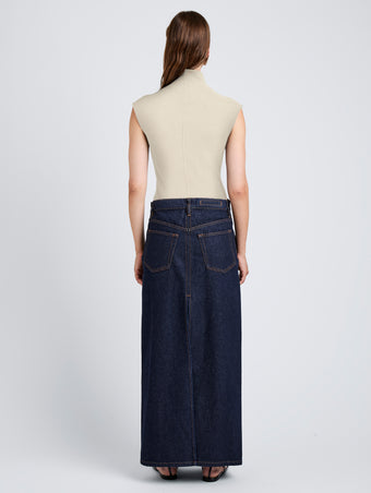 Proenza Schouler Back full length image of model wearing Zane Top in Brushed Rib in Oat Melange