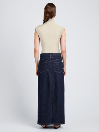 Proenza Schouler Back full length image of model wearing Zane Top in Brushed Rib in Oat Melange