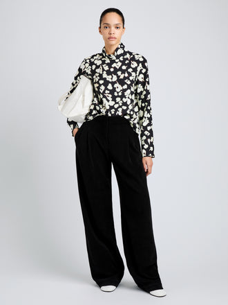 Proenza Schouler Front full length image of model wearing Ansel Top in Printed Soft Twill in Black Floral