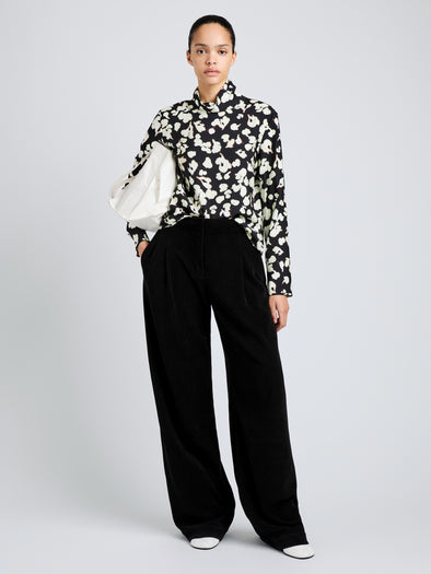 Proenza Schouler Front full length image of model wearing Ansel Top in Printed Soft Twill in Black Floral