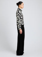 Proenza Schouler Side full length image of model wearing Ansel Top in Printed Soft Twill in Black Floral