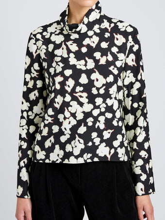Proenza Schouler Detail image of model wearing Ansel Top in Printed Soft Twill in Black Floral